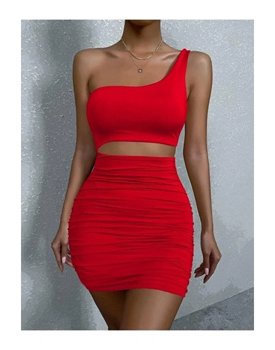 Kadın Tek Omuz Kesim Detaylı Büzgülü Fantezi Elbise 5078