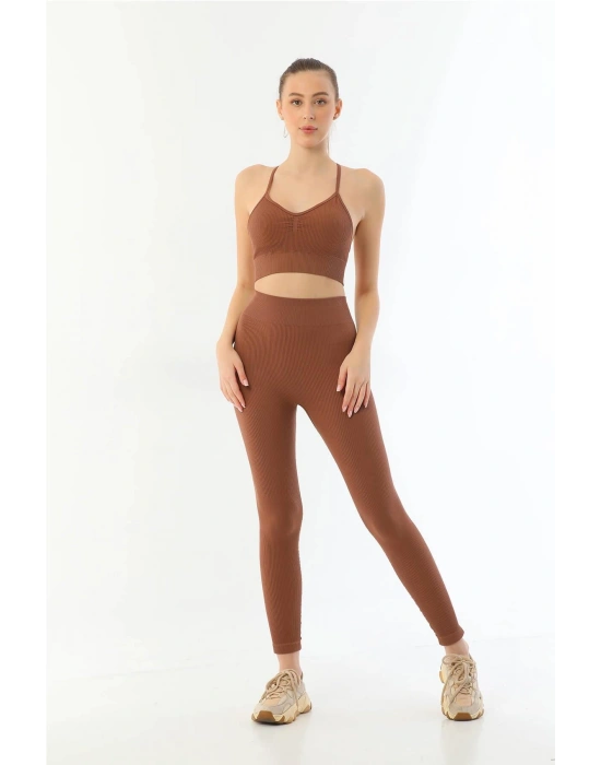 KAHVE MI Emay 3921 Soft Seamless Ripli Tayt Yoga Takımı