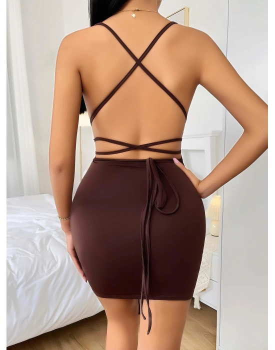 Kahverengi Şık Fantezi Clup Elbisesi 5032