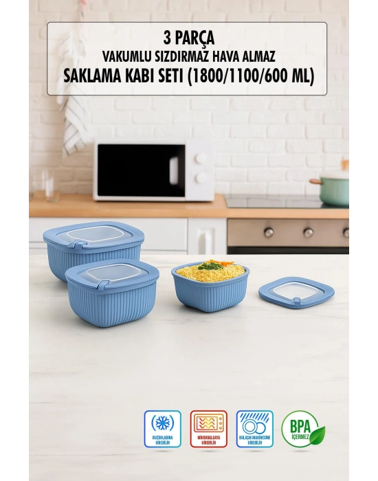 Kare 3 Parça Vakumlu Sızdırmaz Hava Almaz Saklama Kabı Seti Mavi (1800/1100/600 Ml)