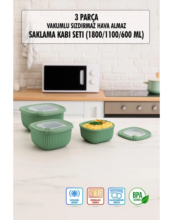 Kare 3 Parça Vakumlu Sızdırmaz Hava Almaz Saklama Kabı Seti Yeşil (1800/1100/600 Ml)