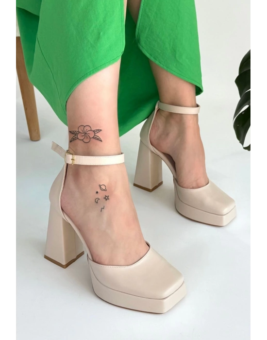 Kawer Bej Cilt Kadın Topuklu Ayakkabı