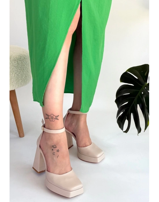 Kawer Bej Cilt Kadın Topuklu Ayakkabı