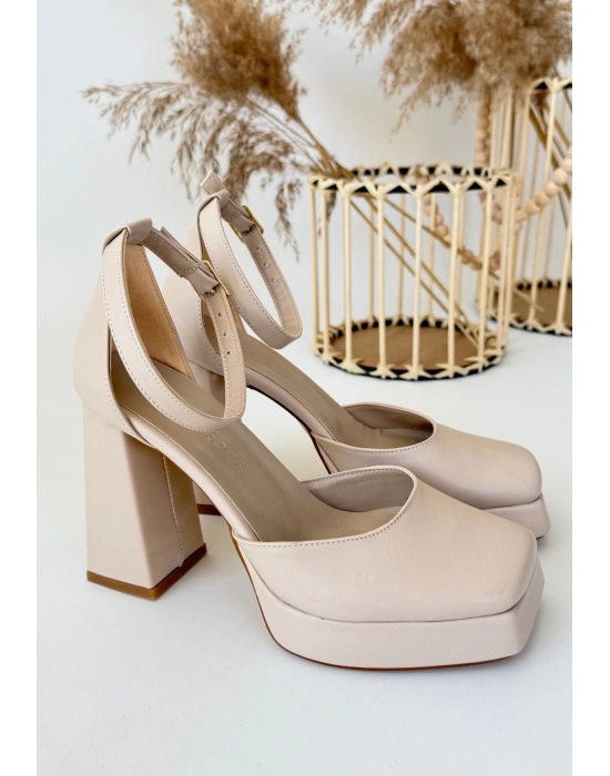 Kawer Bej Cilt Kadın Topuklu Ayakkabı