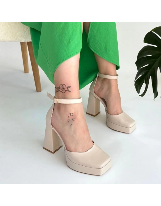 Kawer Bej Cilt Kadın Topuklu Ayakkabı