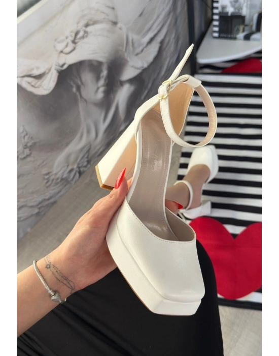 Kawer Beyaz Cilt Kadın Topuklu Ayakkabı