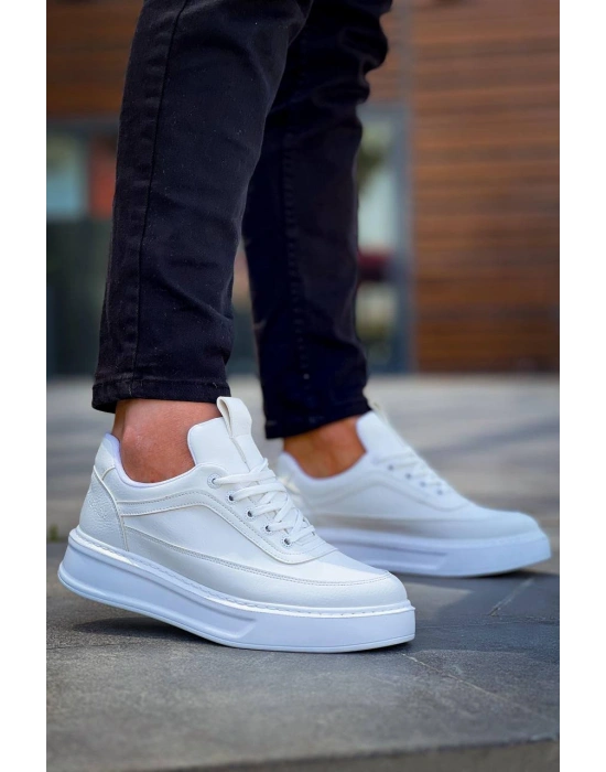 KB-006 Kuback Beyaz Cilt  Yüksek Taban Bağcıklı Günlük Erkek Ayakkabı