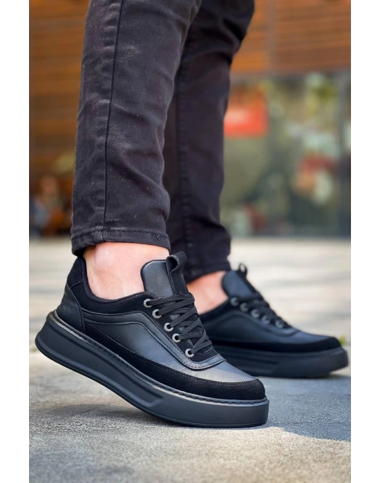 Kb-006 Kuback Siyah Cilt Siyah Yüksek Taban Bağcıklı Günlük Erkek Ayakkabı Erkek Günlük Ayakkabı