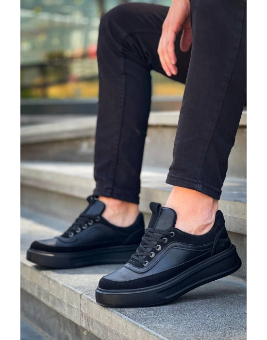 KB-006 Kuback Siyah Cilt Siyah Yüksek Taban Bağcıklı Günlük Erkek Ayakkabı