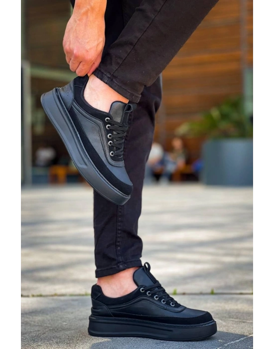 KB-006 Kuback Siyah Cilt Siyah Yüksek Taban Bağcıklı Günlük Erkek Ayakkabı
