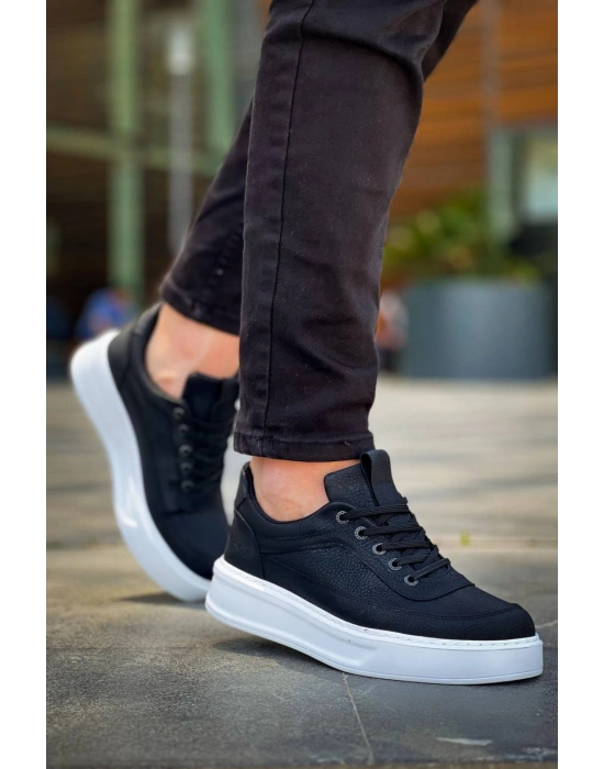 KB-006 Kuback Siyah Cilt Yüksek Taban Bağcıklı Günlük Erkek Ayakkabı