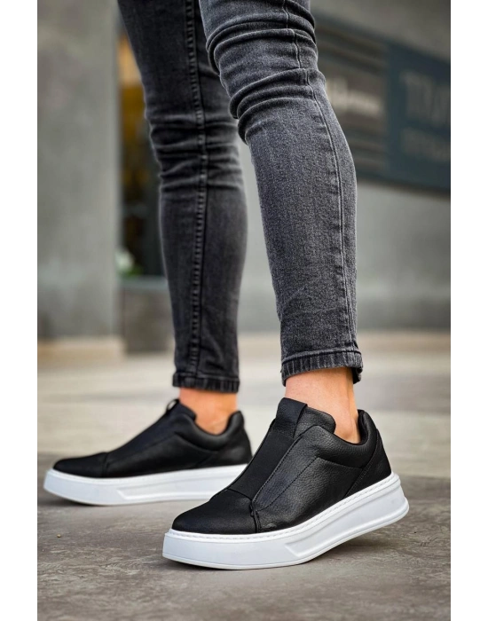 KB-007  Kuback Siyah Beyaz Yüksek Taban Tek Bant Bağcıksız Günlük Erkek Ayakkabı