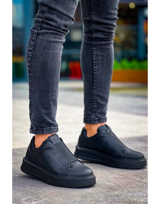 KB-007  Kuback Siyah Siyah Yüksek Taban Tek Bant Bağcıksız Günlük Erkek Ayakkabı