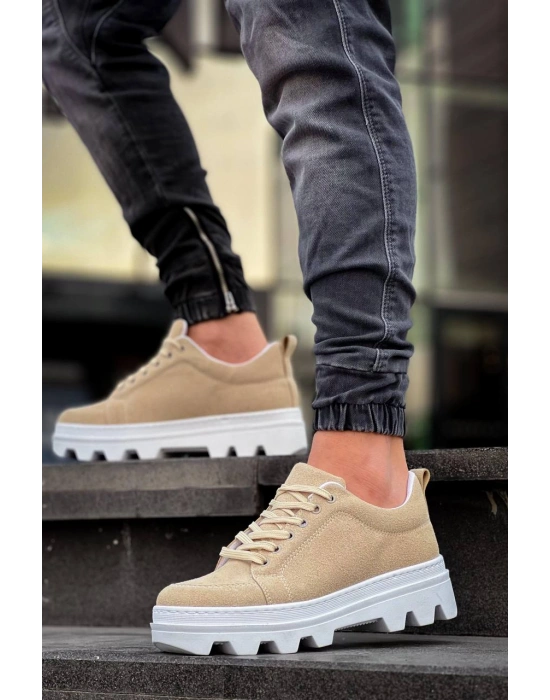 KB-056 Kuback Bej Süet Beyaz Yüksek Taban Günlük Spor Ayakkabı