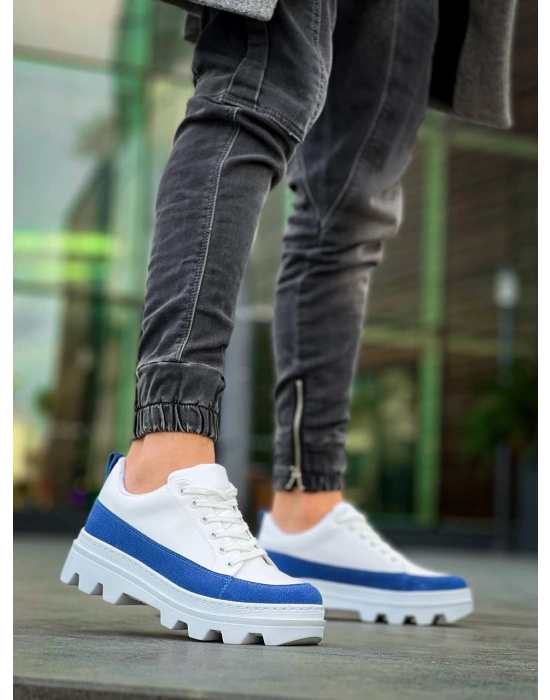 KB-056 Kuback Beyaz Mavi Detaylı Beyaz Yüksek Taban Günlük Spor Ayakkabı