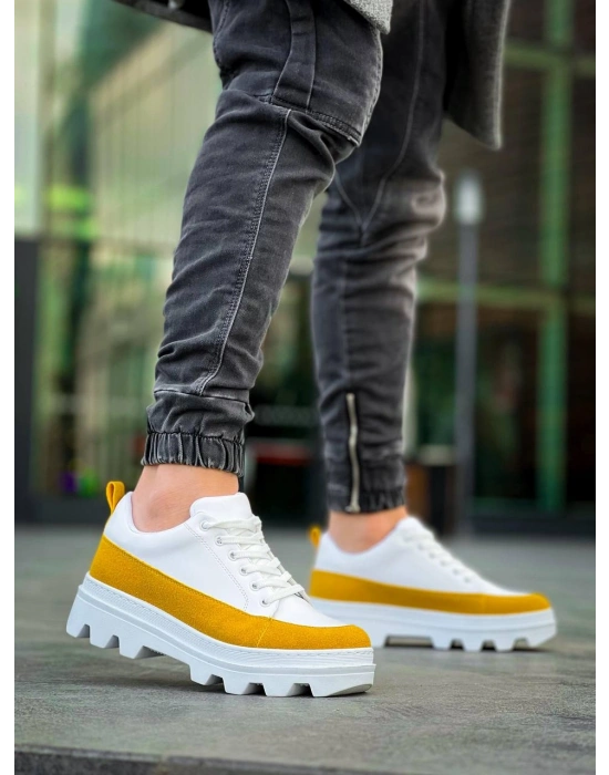 KB-056 Kuback Beyaz Sarı Detaylı Beyaz Yüksek Taban Günlük Spor Ayakkabı