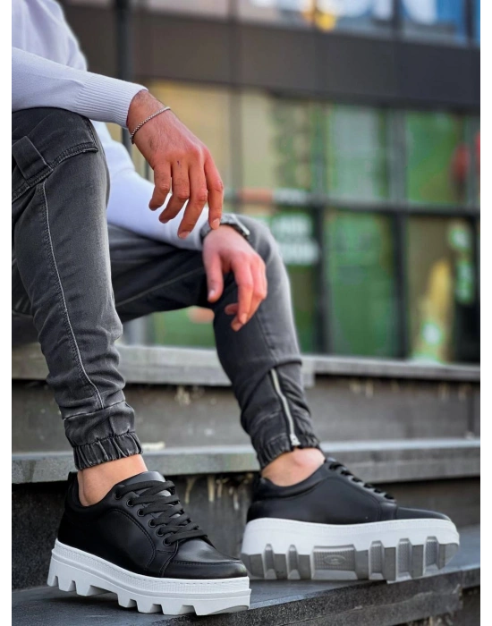 KB-056 Kuback Siyah Cilt Beyaz Yüksek Taban Günlük Spor Ayakkabı