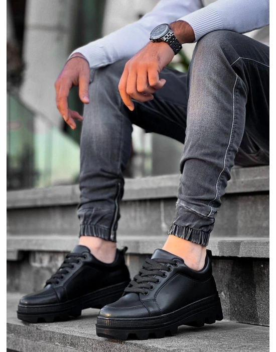 KB-056 Kuback Siyah Cilt Siyah Yüksek Taban Günlük Spor Ayakkabı