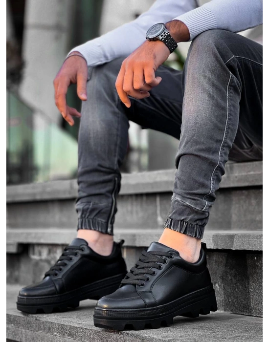 Kb-056 Kuback Siyah Cilt Siyah Yüksek Taban Günlük Erkek Spor Ayakkabı