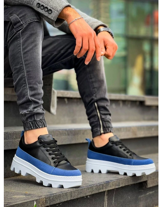KB-056 Kuback Siyah Mavi Detaylı Beyaz Yüksek Taban Günlük Spor Ayakkabı