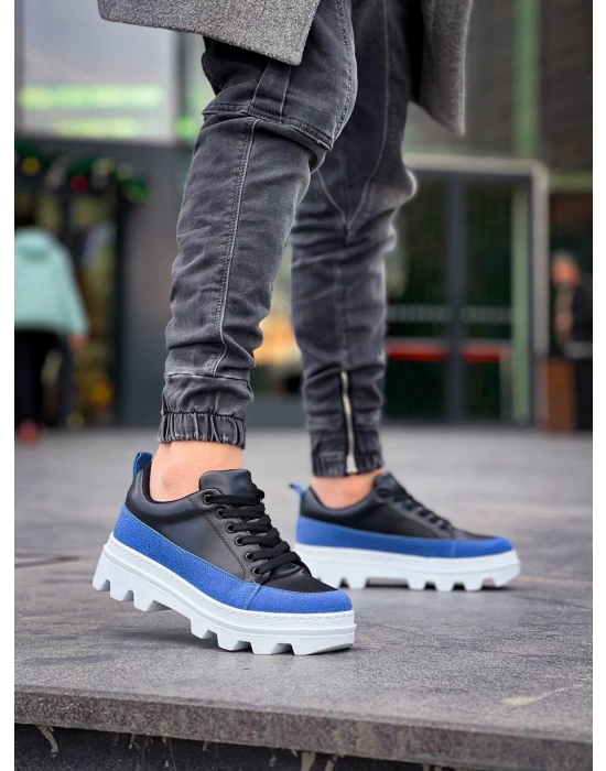 Kb-056 Kuback Siyah Mavi Detaylı Beyaz Yüksek Taban Günlük Erkek Spor Ayakkabı