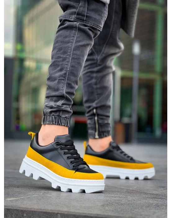 Kb-056 Kuback Siyah Sarı Detaylı Beyaz Yüksek Taban Günlük Erkek Spor Ayakkabı
