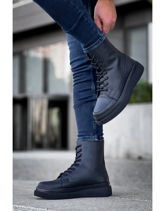 Kb-0991 Kuback Siyah Cilt Siyah Yüksek Taban Bağcıklı Postal Erkek Bot