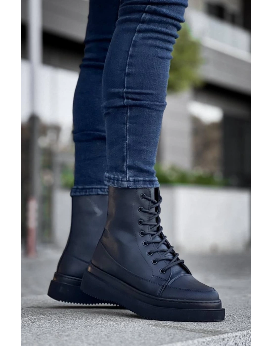 Kb-0991 Kuback Siyah Cilt Siyah Yüksek Taban Bağcıklı Postal Erkek Bot