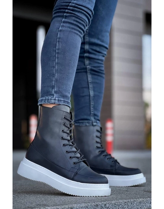 Kb-0991 Kuback Siyah Cilt Yüksek Taban Bağcıklı Postal Erkek Bot