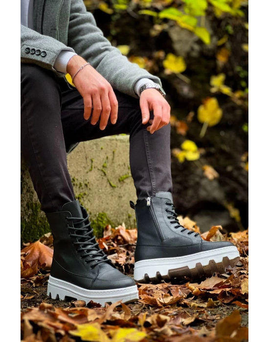 Kb-0993 Kuback Siyah Cilt Beyaz Yüksek Taban Postal Erkek Bot