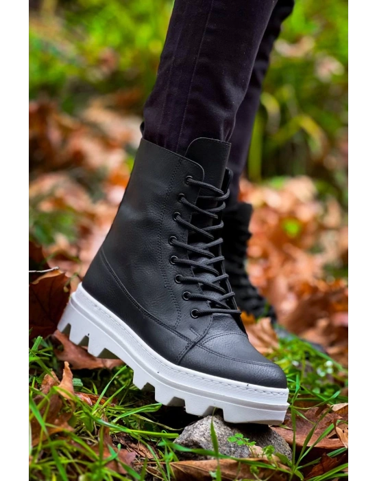 Kb-0993 Kuback Siyah Cilt Beyaz Yüksek Taban Postal Erkek Bot