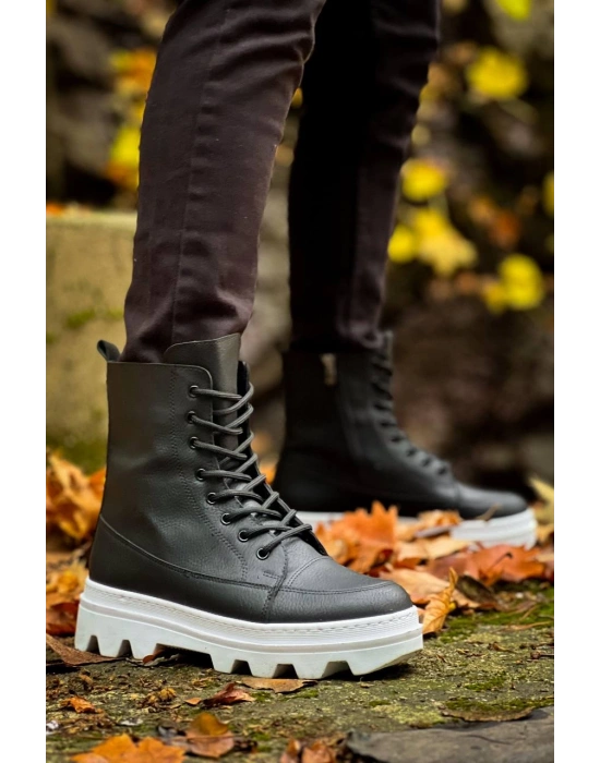 Kb-0993 Kuback Siyah Cilt Beyaz Yüksek Taban Postal Erkek Bot