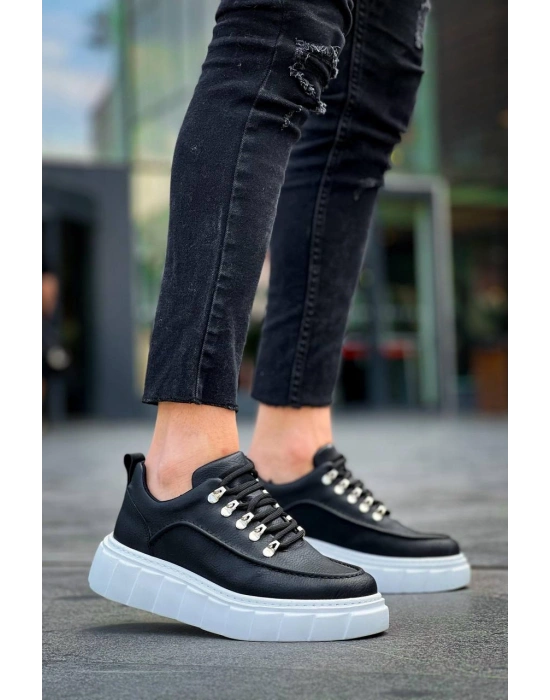 KB-X10 Kuback Siyah Cilt  Beyaz Yüksek Taban Günlük Spor Ayakkabı