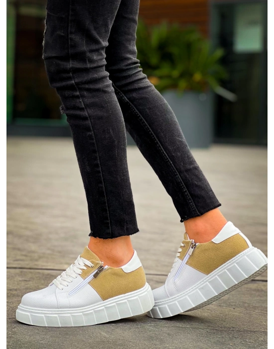 Kb-x155 Kuback Beyaz Cilt Bej Süet Detaylı Beyaz Yüksek Taban Günlük Erkek Spor Ayakkabı