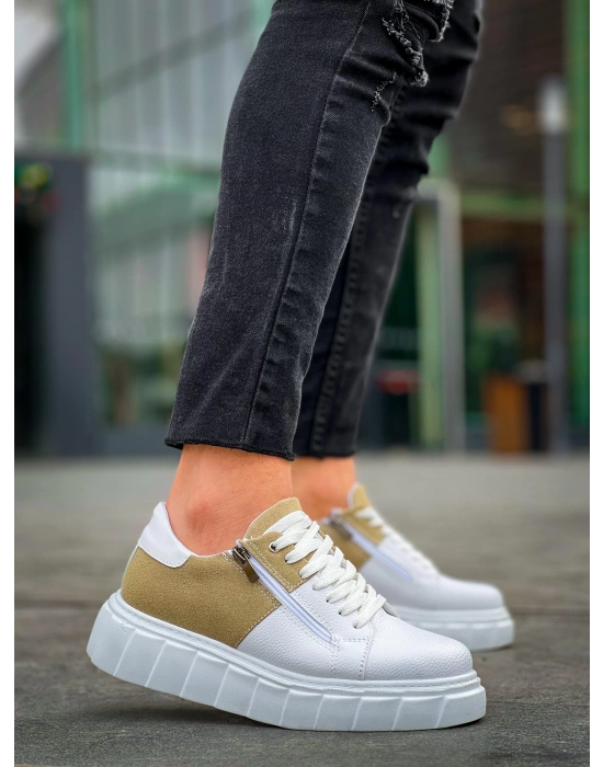 Kb-x155 Kuback Beyaz Cilt Bej Süet Detaylı Beyaz Yüksek Taban Günlük Erkek Spor Ayakkabı