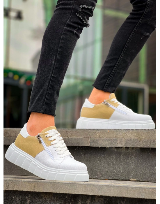 Kb-x155 Kuback Beyaz Cilt Bej Süet Detaylı Beyaz Yüksek Taban Günlük Erkek Spor Ayakkabı