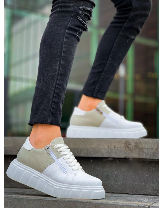 KB-X155 Kuback Beyaz Cilt Gri Süet Detaylı Beyaz Yüksek Taban Günlük Spor Ayakkabı