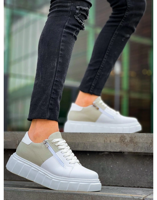 Kb-x155 Kuback Beyaz Cilt Gri Süet Detaylı Beyaz Yüksek Taban Günlük Erkek Spor Ayakkabı