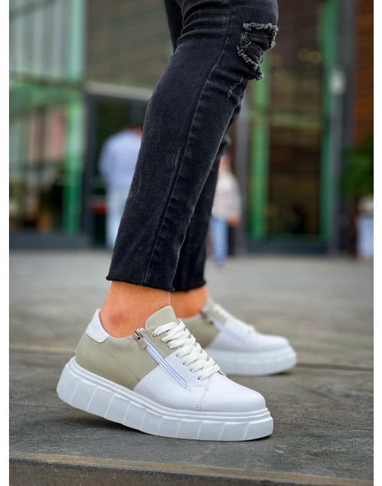 KB-X155 Kuback Beyaz Cilt Gri Süet Detaylı Beyaz Yüksek Taban Günlük Spor Ayakkabı
