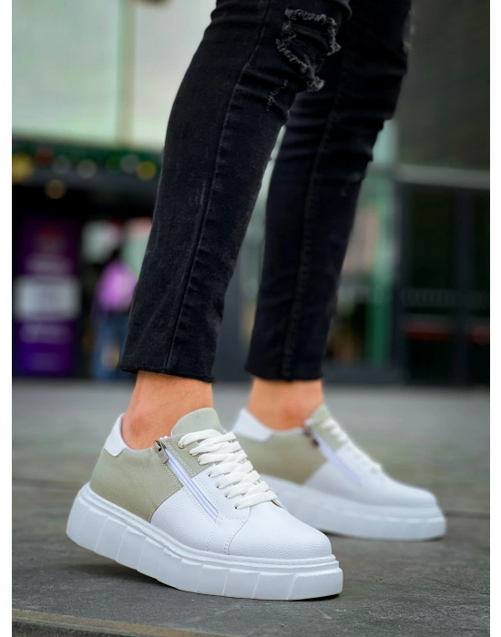 KB-X155 Kuback Beyaz Cilt Gri Süet Detaylı Beyaz Yüksek Taban Günlük Spor Ayakkabı