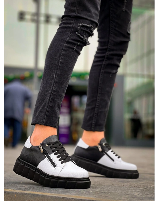KB-X155 Kuback Beyaz Cilt Siyah Cilt Detaylı Siyah Yüksek Taban Günlük Spor Ayakkabı