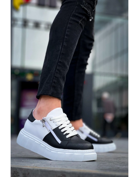 KB-X155 Kuback Siyah Cilt Beyaz Cilt Detaylı Beyaz Yüksek Taban Günlük Spor Ayakkabı