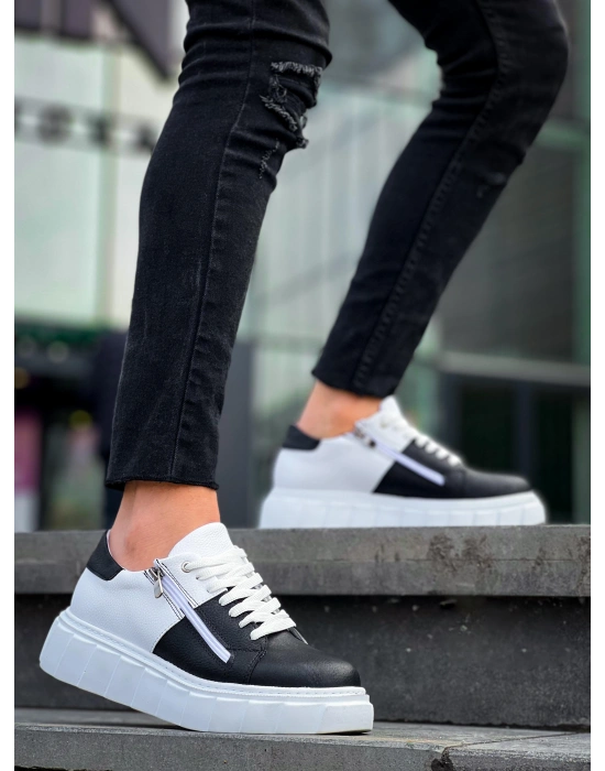 KB-X155 Kuback Siyah Cilt Beyaz Cilt Detaylı Beyaz Yüksek Taban Günlük Spor Ayakkabı