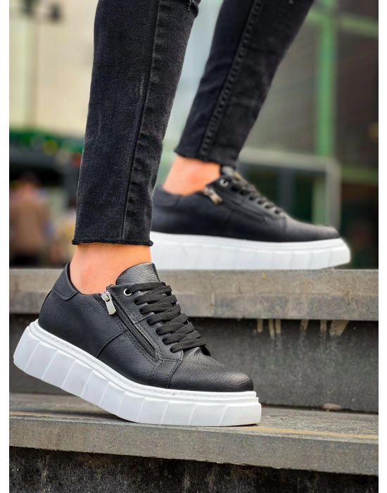 KB-X155 Kuback Siyah Cilt Detaylı Beyaz Yüksek Taban Günlük Spor Ayakkabı