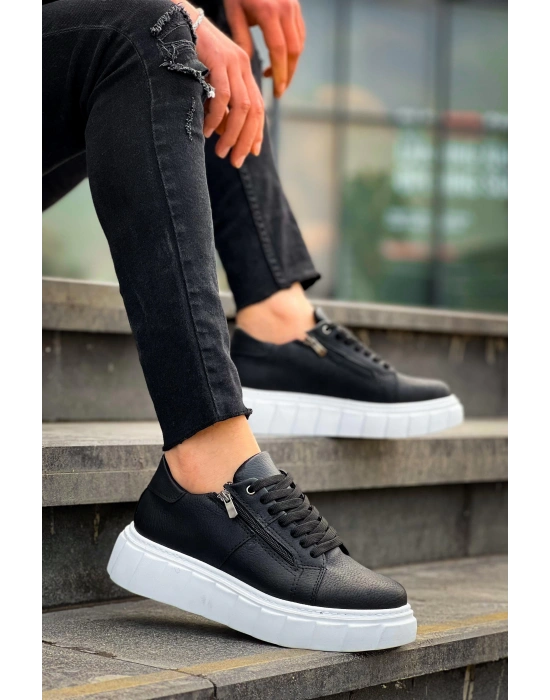 Kb-x155 Kuback Siyah Cilt Detaylı Beyaz Yüksek Taban Günlük Erkek Spor Ayakkabı