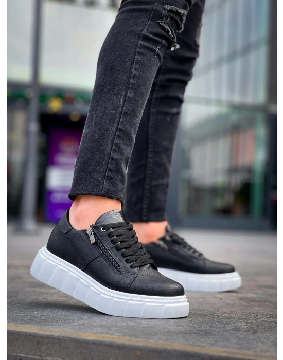 KB-X155 Kuback Siyah Cilt Detaylı Beyaz Yüksek Taban Günlük Spor Ayakkabı