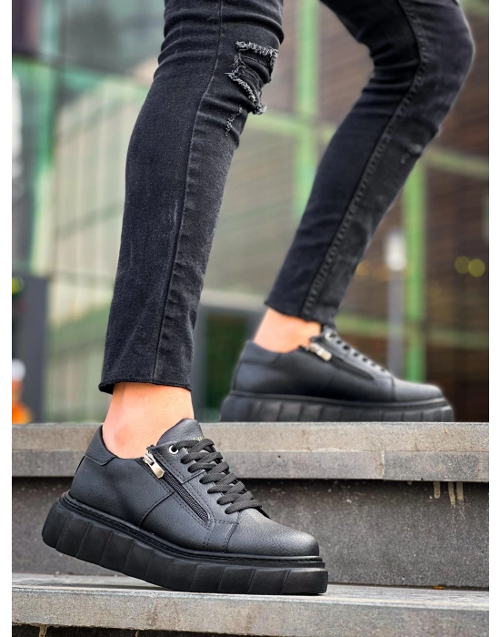 Kb-x155 Kuback Siyah Cilt Detaylı Siyah Yüksek Taban Günlük Erkek Spor Ayakkabı