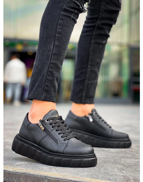 Kb-x155 Kuback Siyah Cilt Detaylı Siyah Yüksek Taban Günlük Erkek Spor Ayakkabı