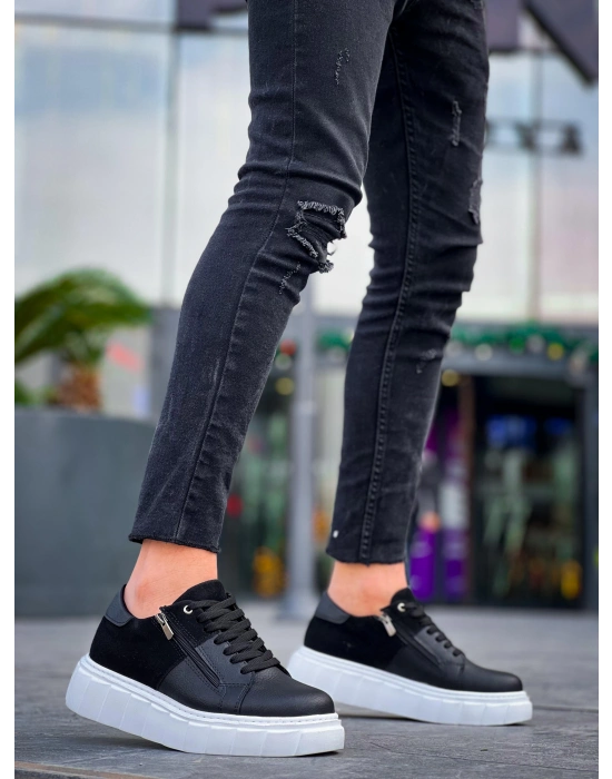 KB-X155 Kuback Siyah Cilt Siyah Süet Detaylı Beyaz Yüksek Taban Günlük Spor Ayakkabı