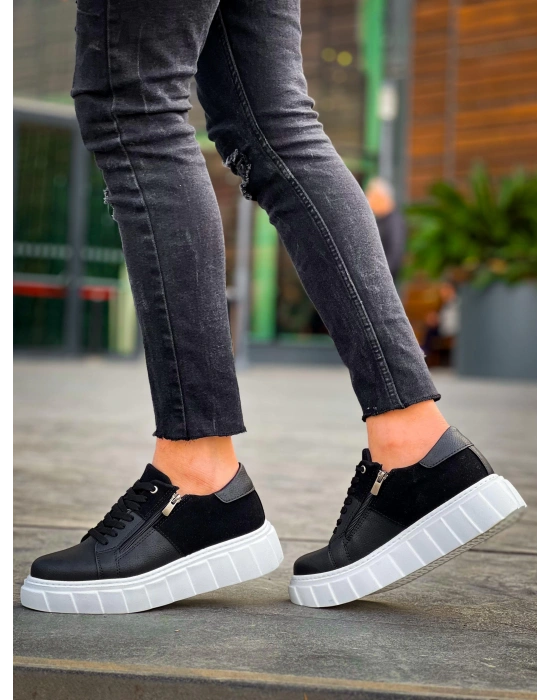 Kb-x155 Kuback Siyah Cilt Siyah Süet Detaylı Beyaz Yüksek Taban Günlük Erkek Spor Ayakkabı